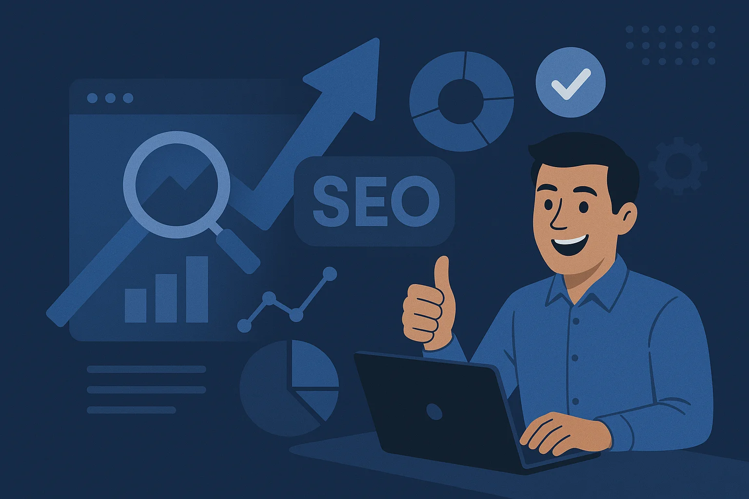 Moderna 2D ilustracija zadovoljnog klijenta koji koristi laptop, okružen SEO ikonama poput grafikona, strelica i lupe – predstavljajući efikasne SEO strategije.