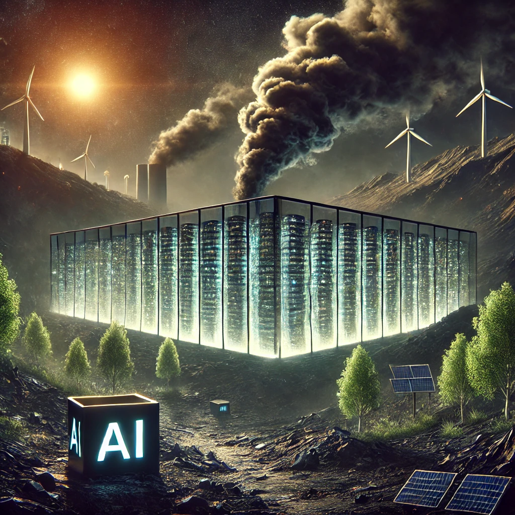 AI podatkovni centar koji troši veliku količinu energije okružen simbolima karbonskih obećanja
