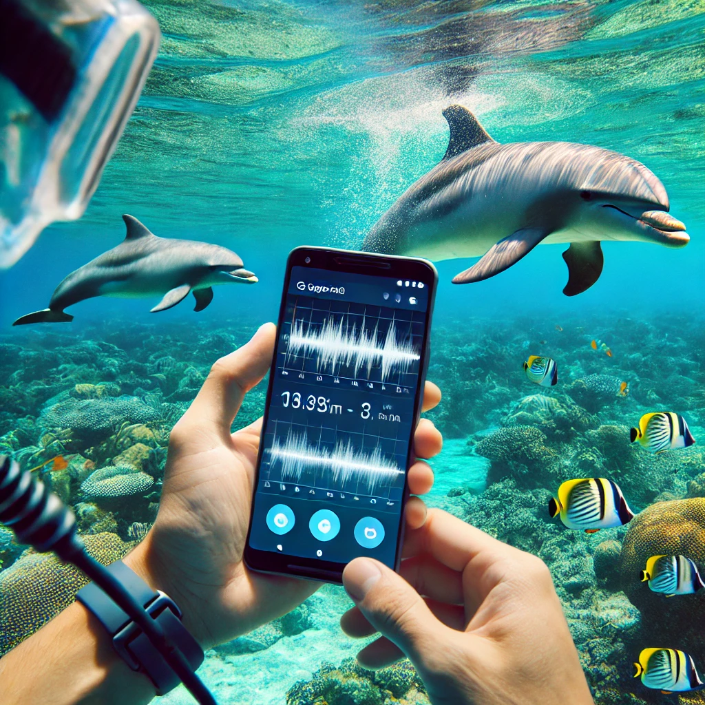 Delfin u vodi, u pozadini istraživač sa Google Pixel telefonom snima zvuke