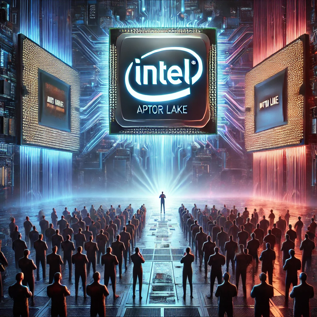 Intel logo na futurističkom pozadini, sa prikazom AI i klasičnih čipova u kontrastu