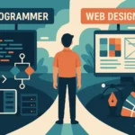 Ilustracija osobe na raskršću karijere birajući između puta programera i web dizajnera