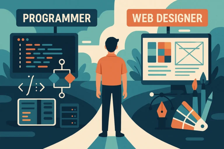 Ilustracija osobe na raskršću karijere birajući između puta programera i web dizajnera