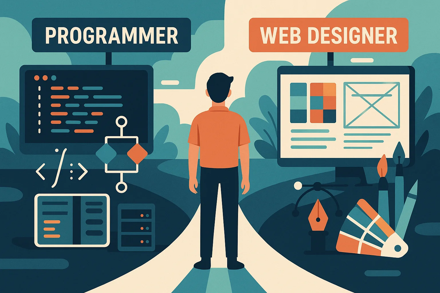 Ilustracija osobe na raskršću karijere birajući između puta programera i web dizajnera