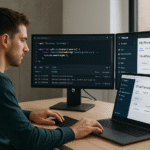 Programer razvija serverless funkcije u Firebase okruženju na više monitora