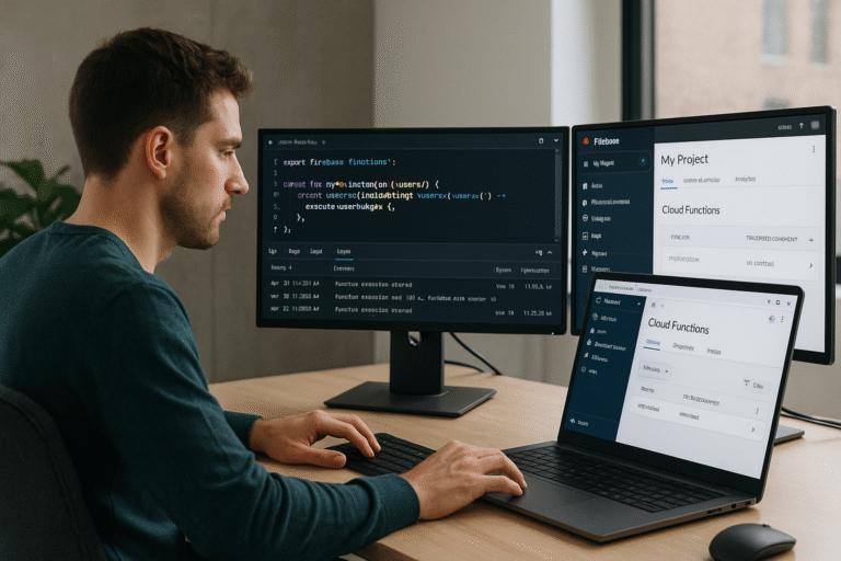 Programer razvija serverless funkcije u Firebase okruženju na više monitora